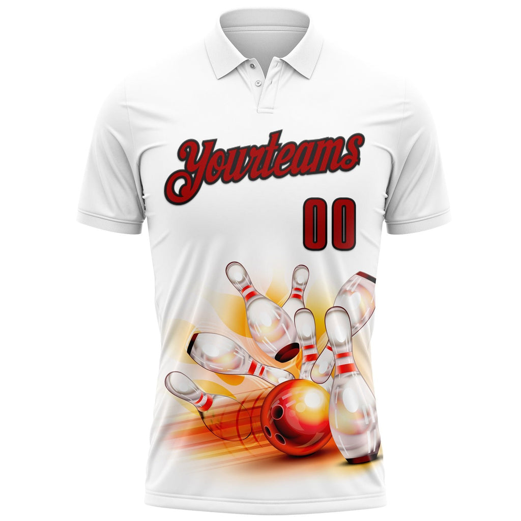 Custom White Red-Black 3D Bowling Performance Polo Shirt photo 2