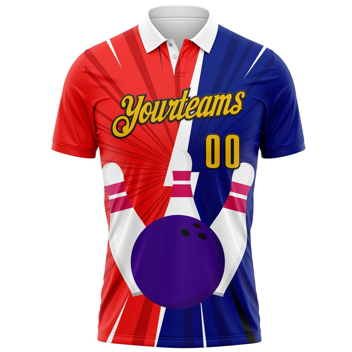 Custom Royal Yellow Red-Black 3D Bowling Performance Polo Shirt photo 2