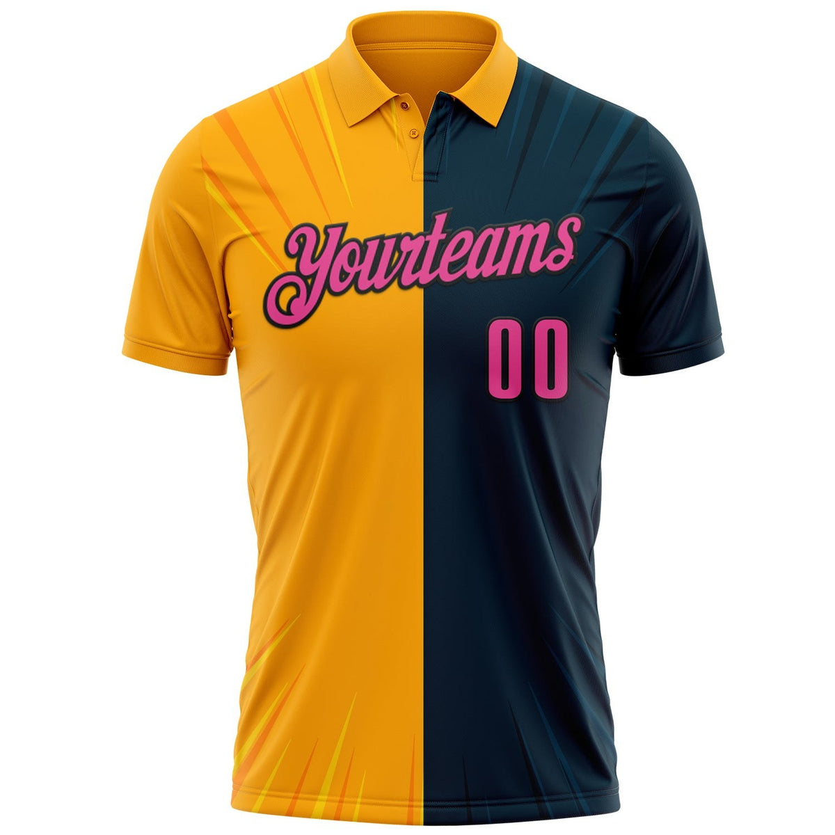 Custom Navy Pink Gold-Black 3D Bowling Performance Polo Shirt photo 2