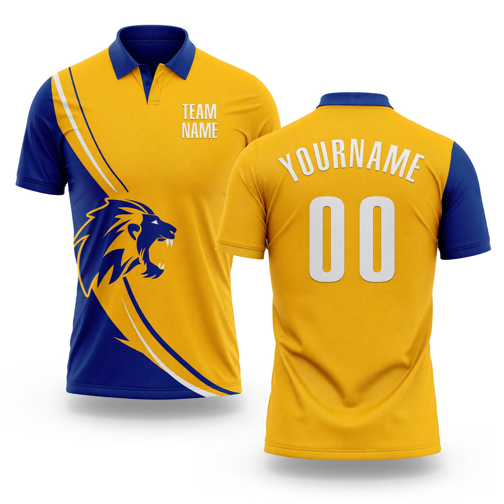 Custom Gold White-Royal 3D Pattern Design Animal Lion Performance Polo Shirt