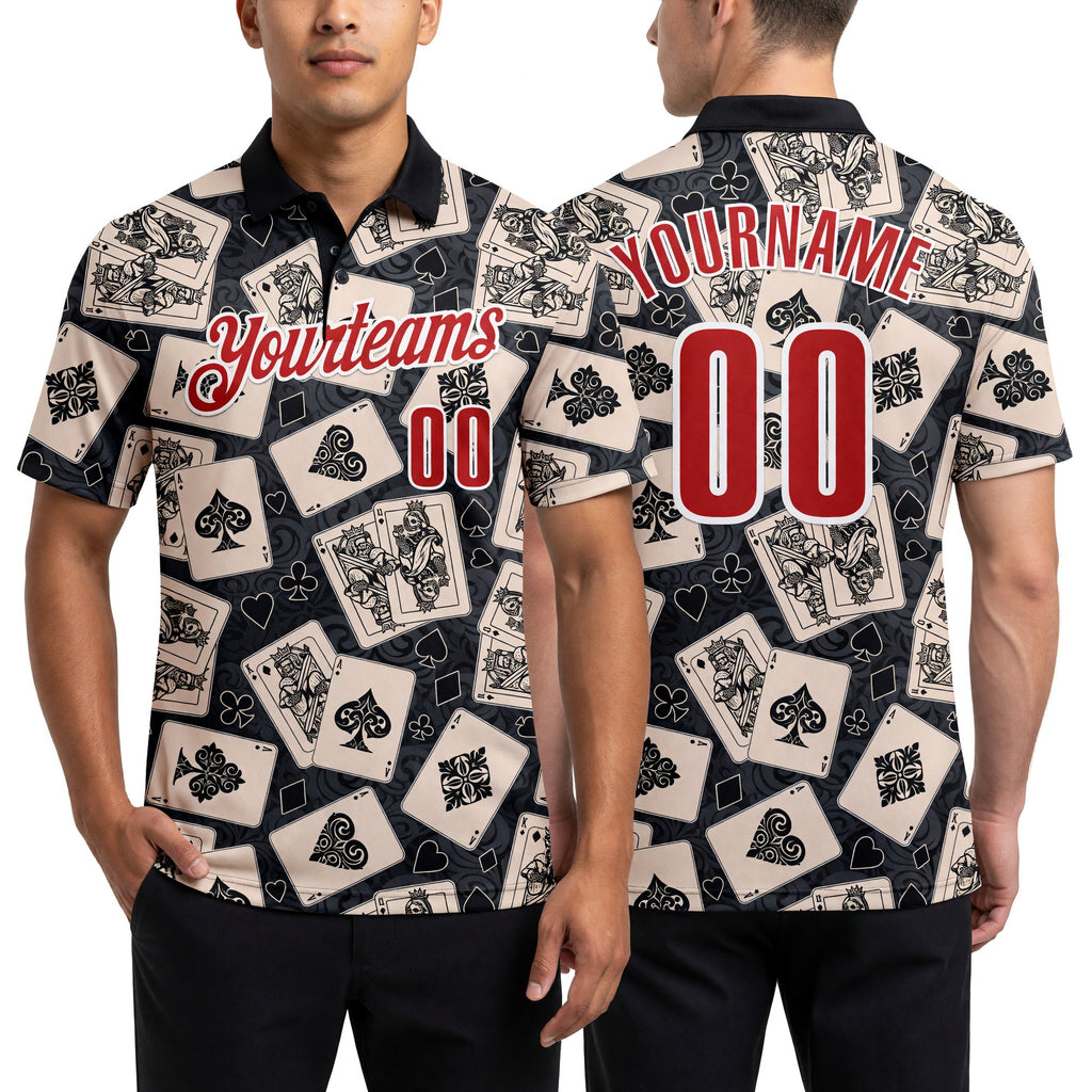 Custom Black Red-White 3D Poker Performance Polo Shirt worn front and back
