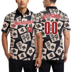 Custom Black Red-White 3D Poker Performance Polo Shirt worn front and back