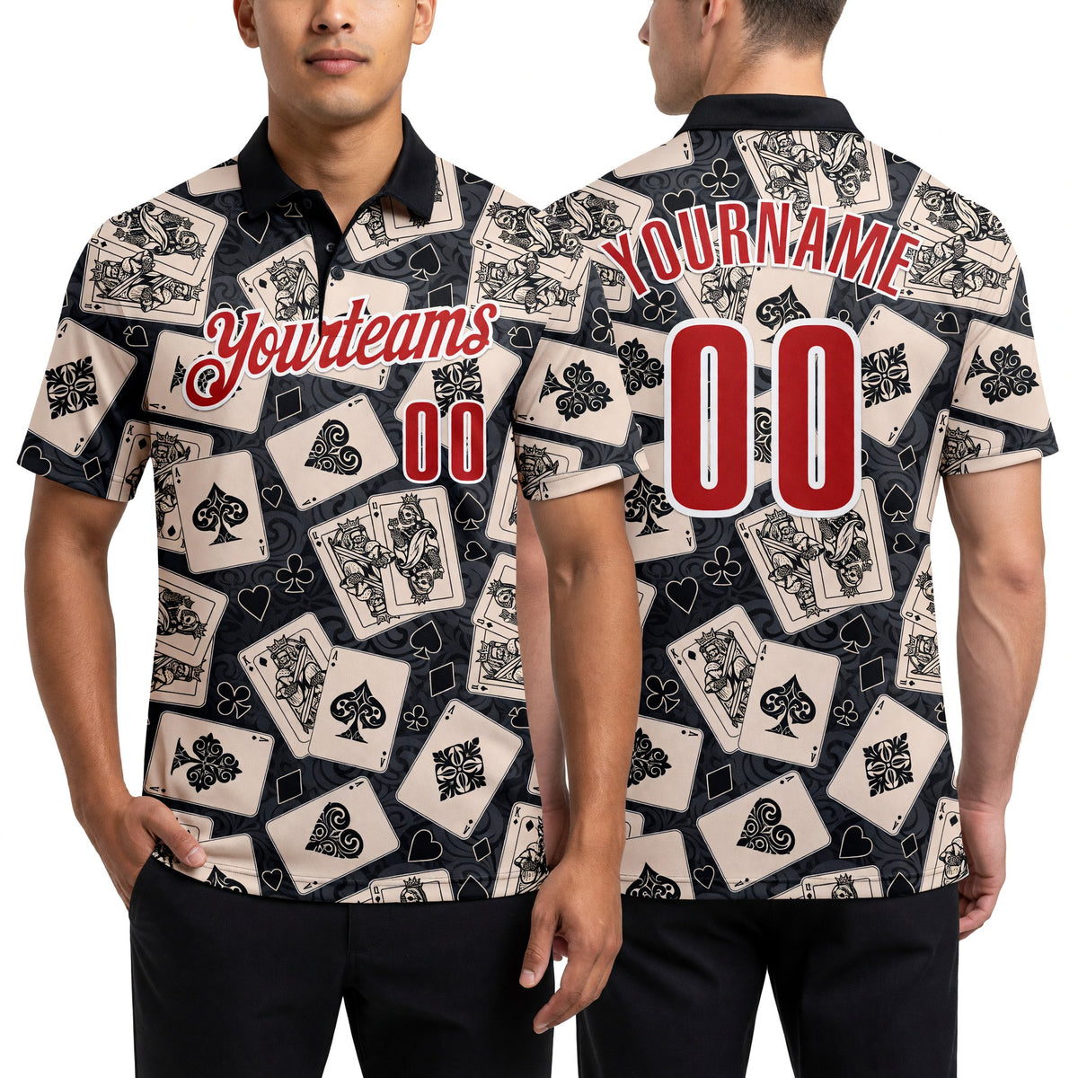 Custom Black Red-White 3D Poker Performance Polo Shirt worn front and back