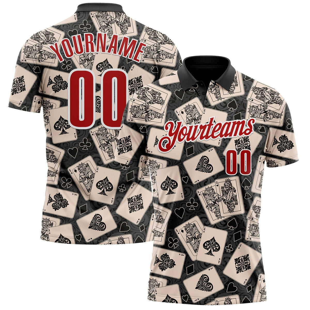 Custom Black Red-White 3D Poker Performance Polo Shirt