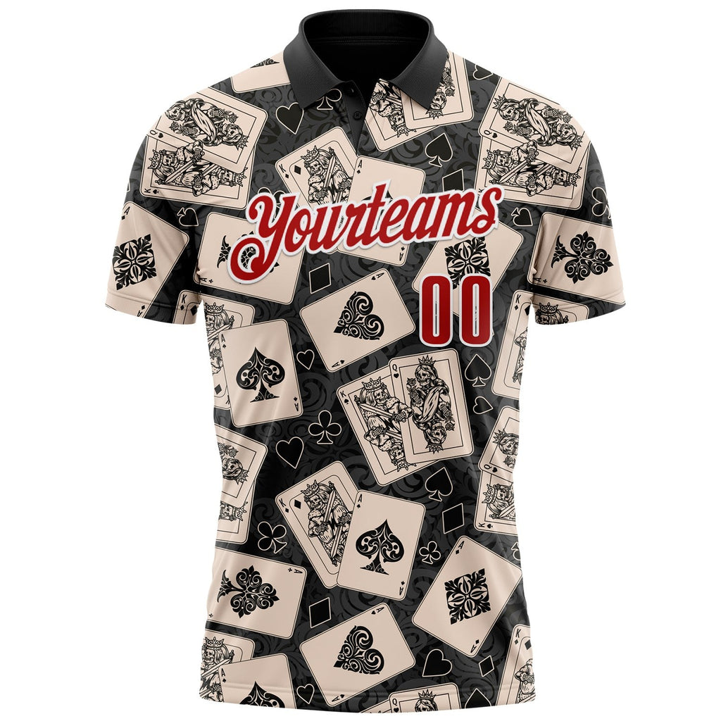 Custom Black Red-White 3D Poker Performance Polo Shirt photo 2