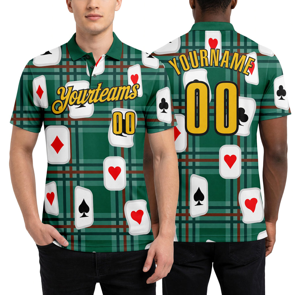 Custom Green Yellow-Black 3D Poker Performance Polo Shirt worn front and back