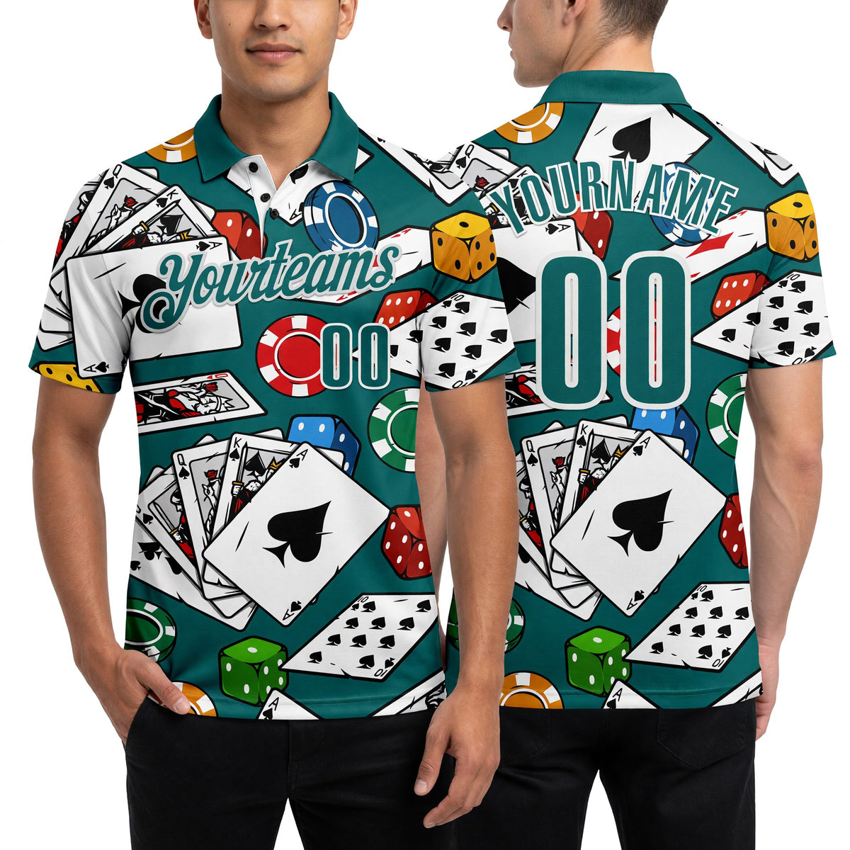 Custom Teal White 3D Poker Performance Polo Shirt worn front and back