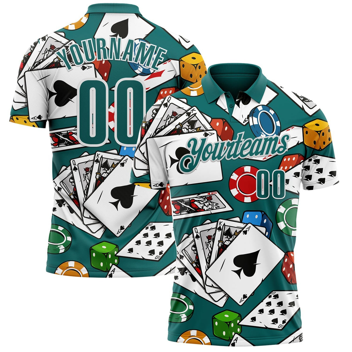 Custom Teal White 3D Poker Performance Polo Shirt