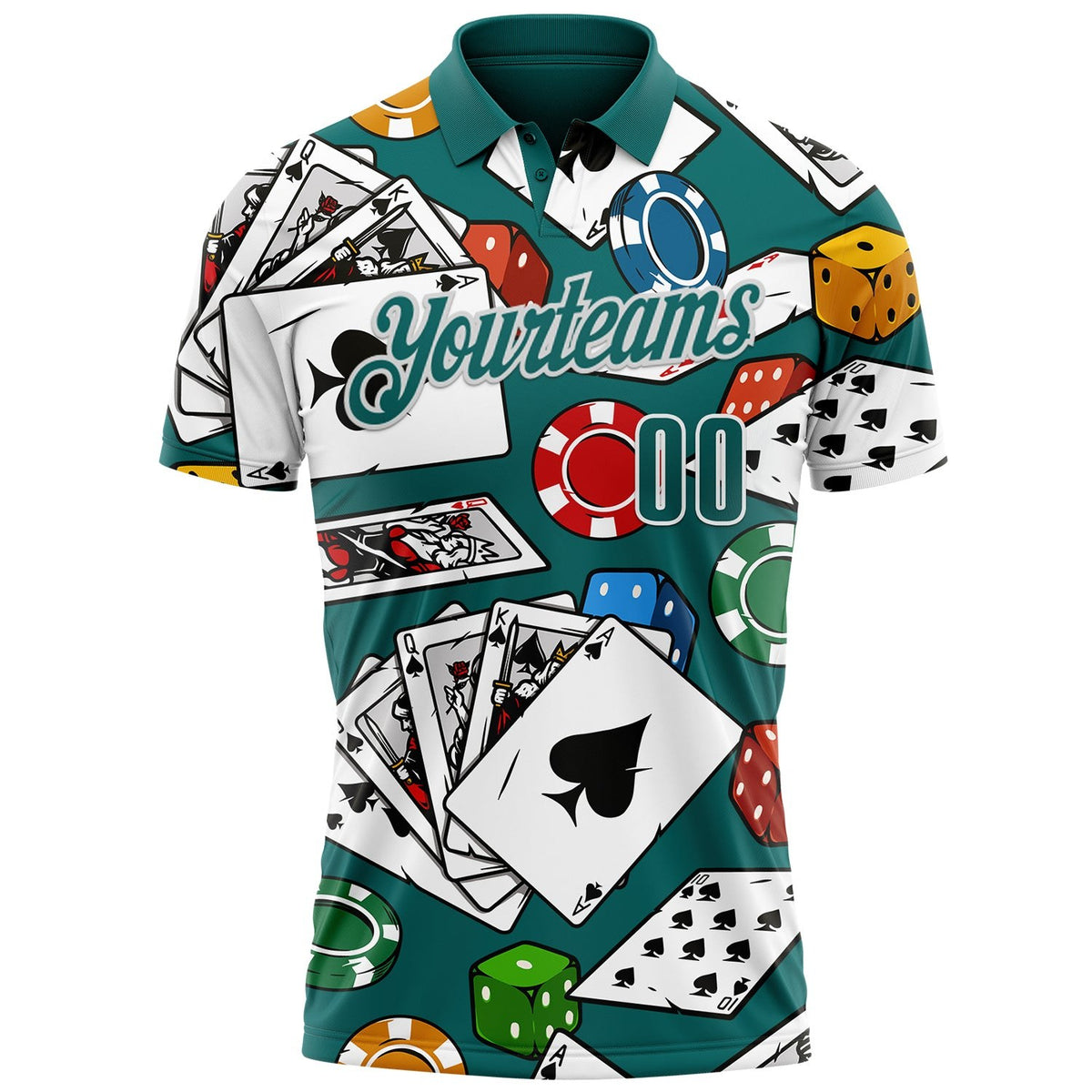 Custom Teal White 3D Poker Performance Polo Shirt photo 2