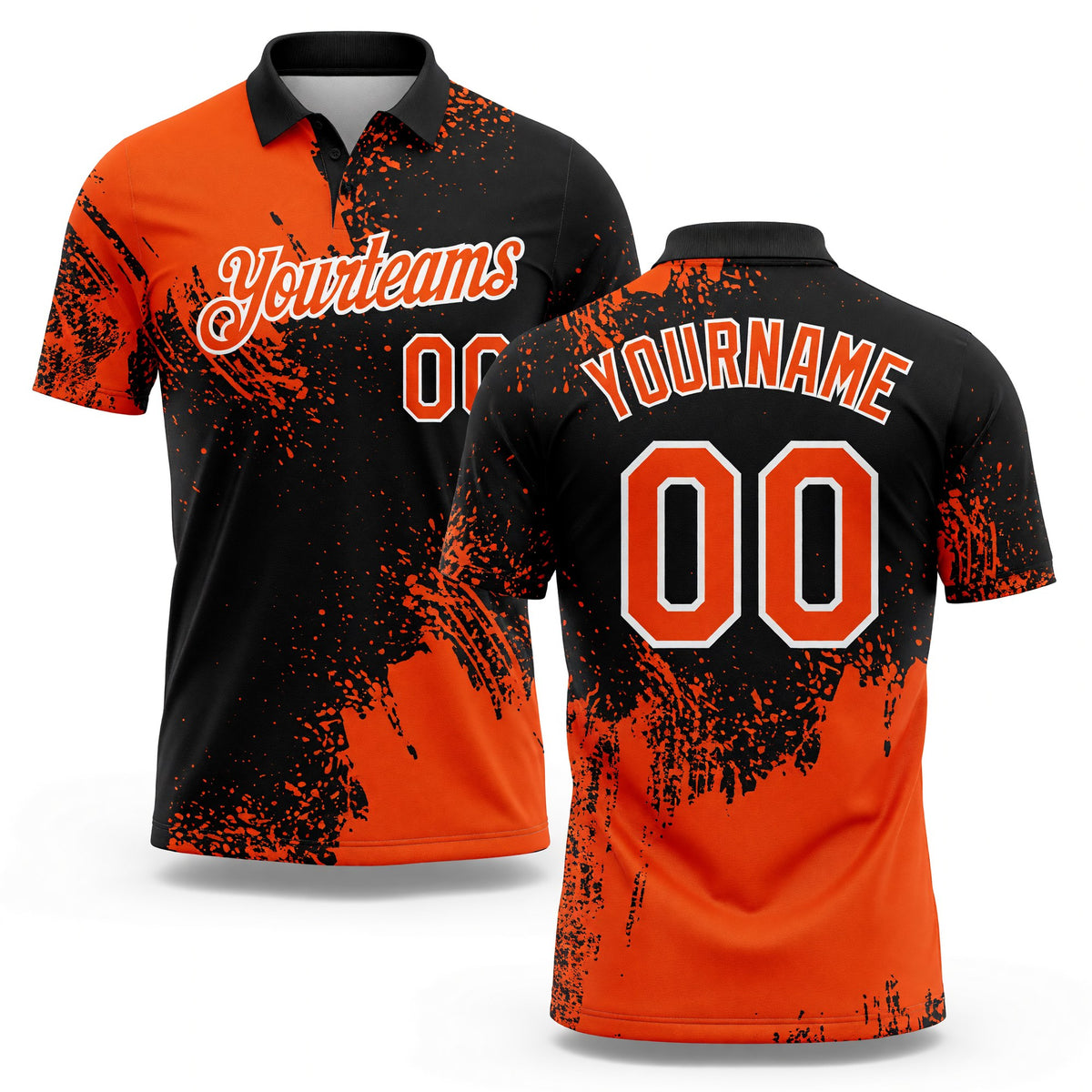 Custom Orange Black-White 3D Pattern Design Abstract Brush Stroke Performance Polo Shirt