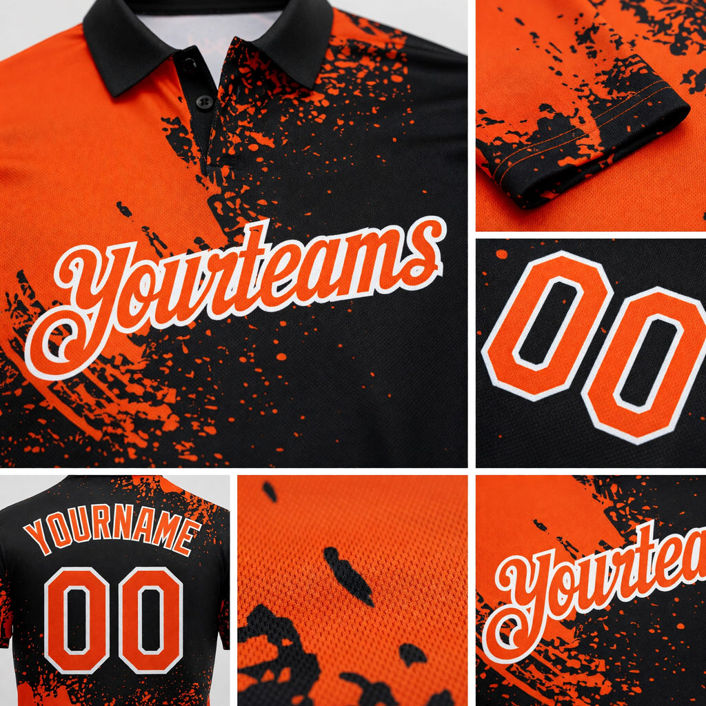 Custom Orange Black-White 3D Pattern Design Abstract Brush Stroke Performance Polo Shirt detail
