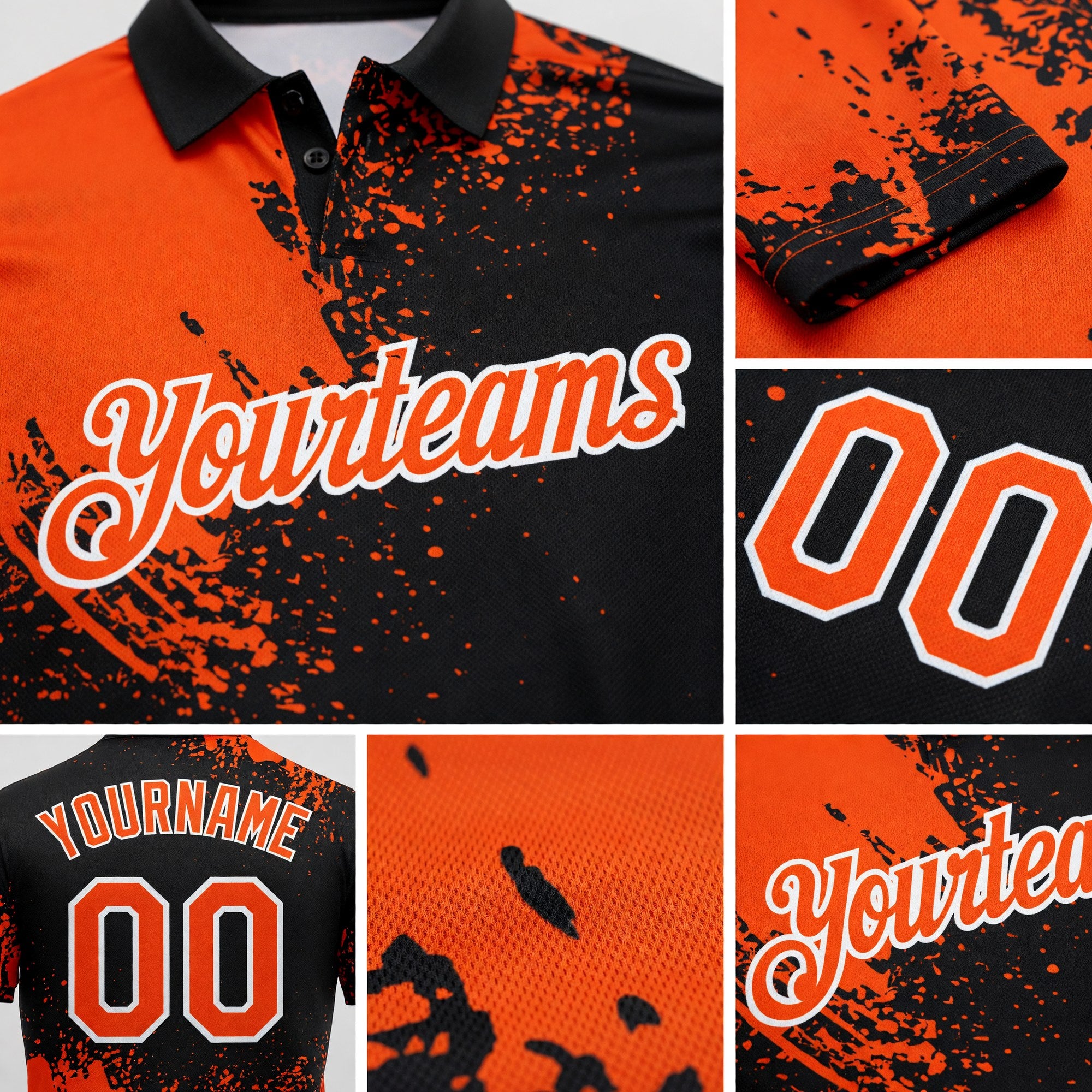 Custom Orange Black-White 3D Pattern Design Abstract Brush Stroke Performance Polo Shirt detail