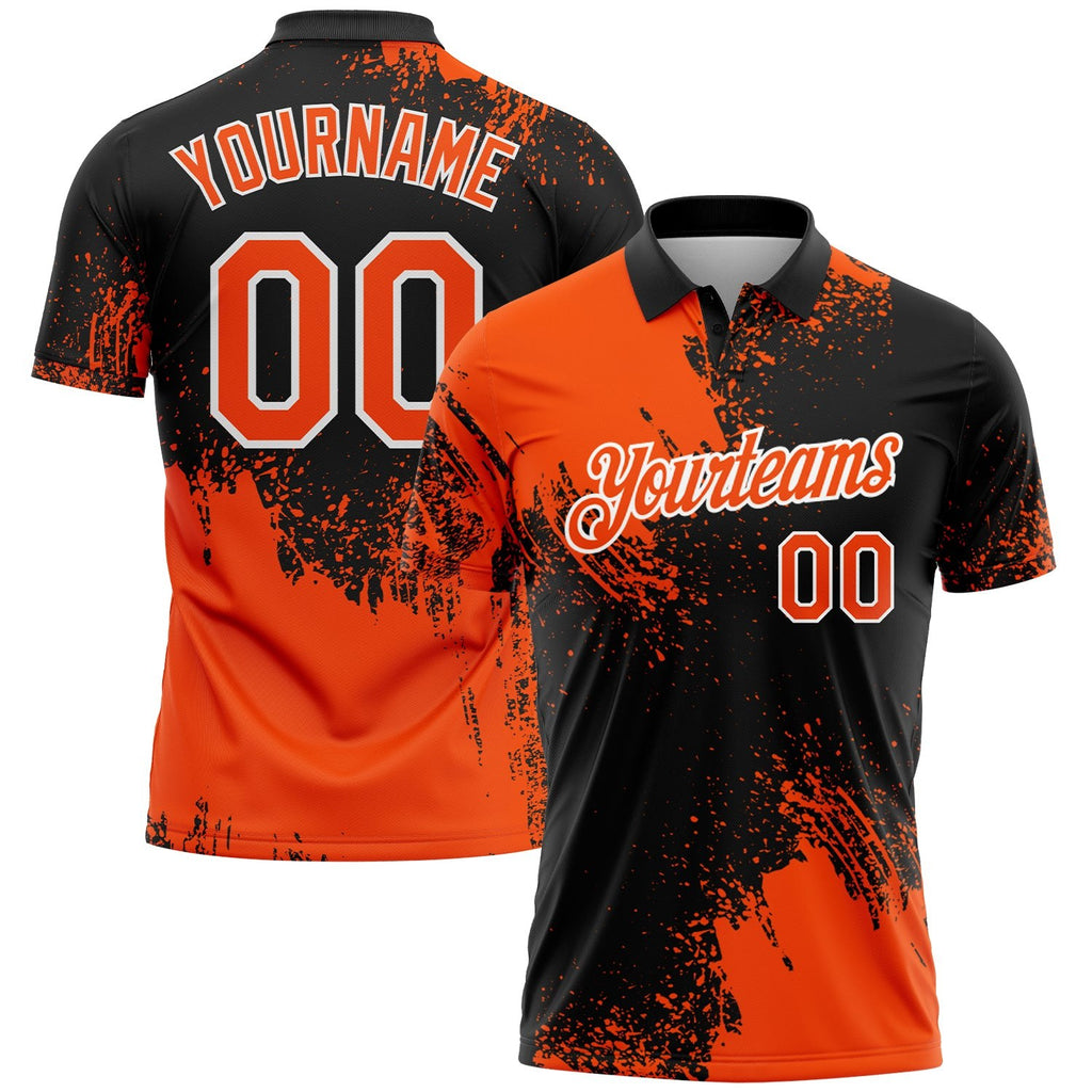Custom Orange Black-White 3D Pattern Design Abstract Brush Stroke Performance Polo Shirt photo 2
