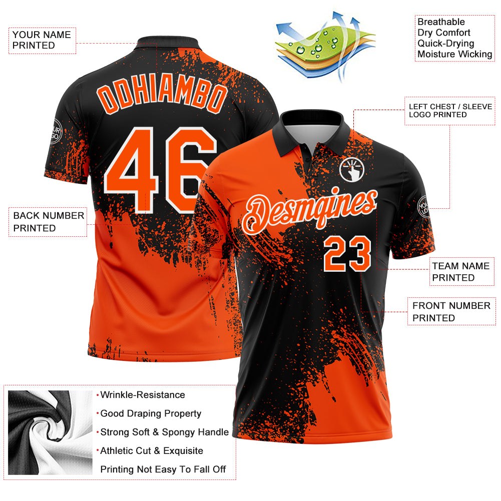 Custom Orange Black-White 3D Pattern Design Abstract Brush Stroke Performance Polo Shirt photo 3