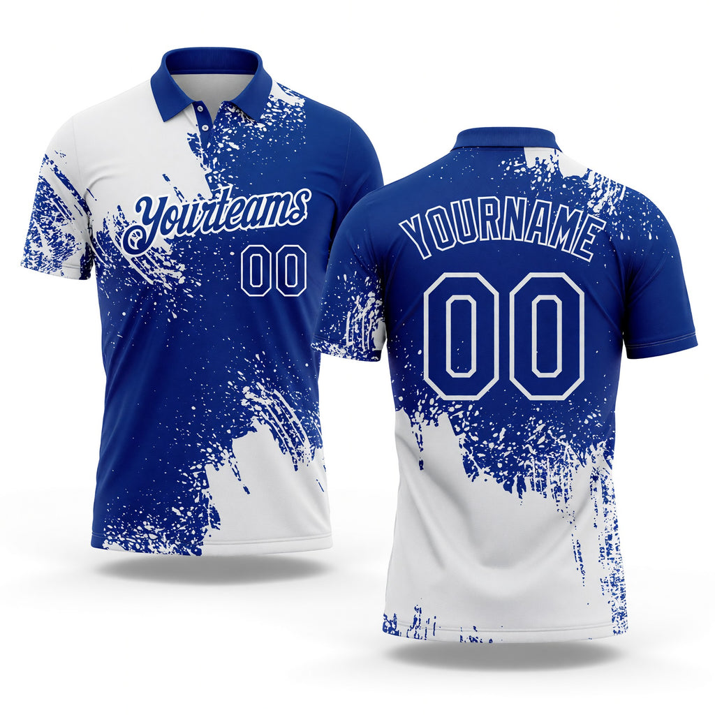 Custom White Royal 3D Pattern Design Abstract Brush Stroke Performance Polo Shirt