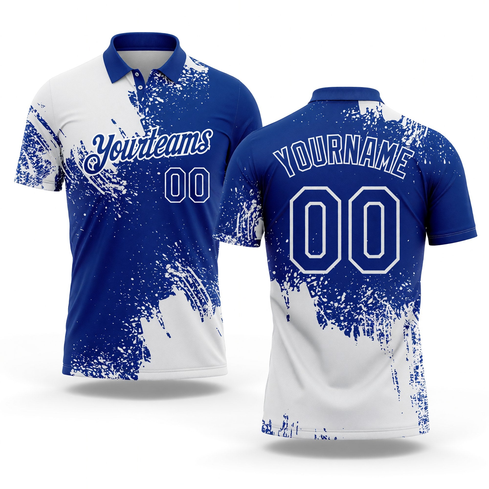 Custom White Royal 3D Pattern Design Abstract Brush Stroke Performance Polo Shirt