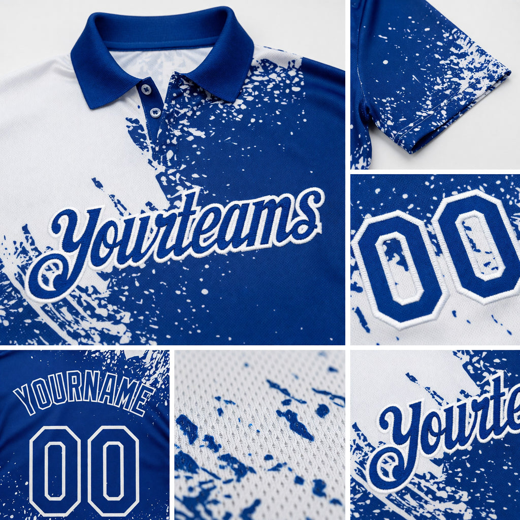 Custom White Royal 3D Pattern Design Abstract Brush Stroke Performance Polo Shirt detail