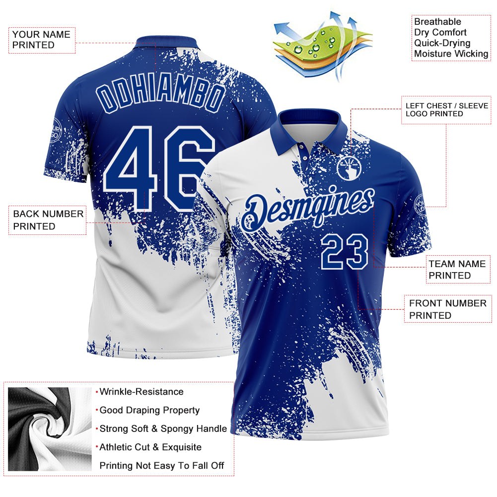 Custom White Royal 3D Pattern Design Abstract Brush Stroke Performance Polo Shirt photo 4