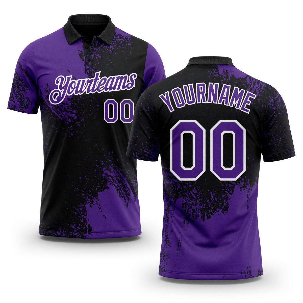 Custom Purple Black-White 3D Pattern Design Abstract Brush Stroke Performance Polo Shirt