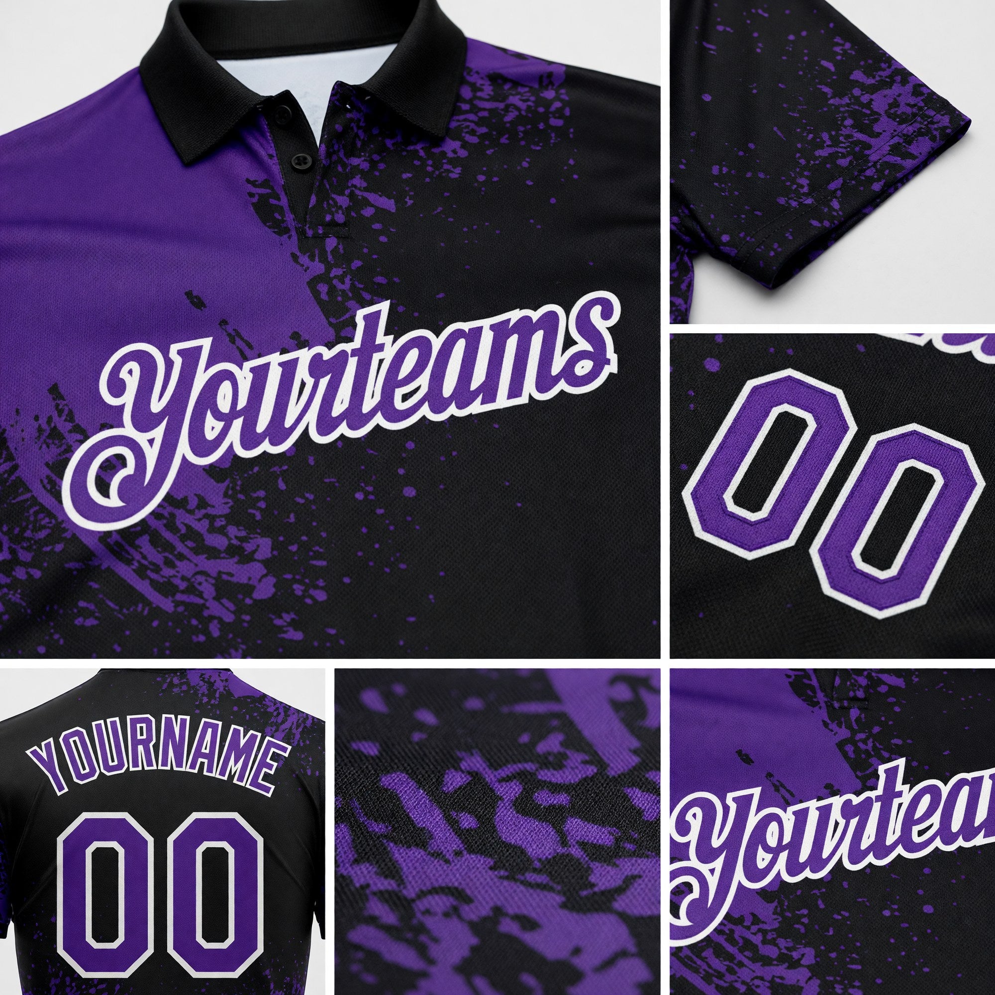 Custom Purple Black-White 3D Pattern Design Abstract Brush Stroke Performance Polo Shirt detail