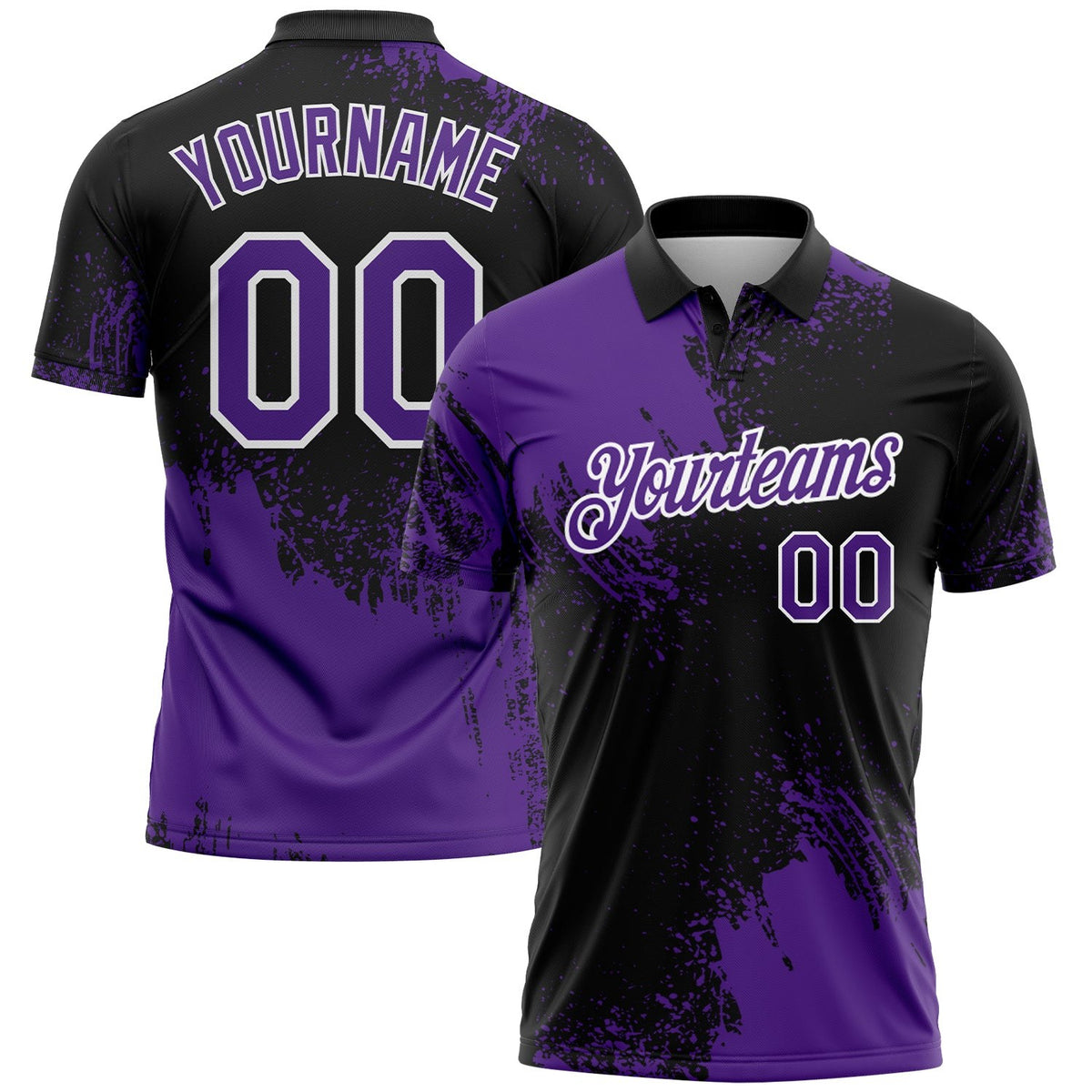 Custom Purple Black-White 3D Pattern Design Abstract Brush Stroke Performance Polo Shirt photo 1