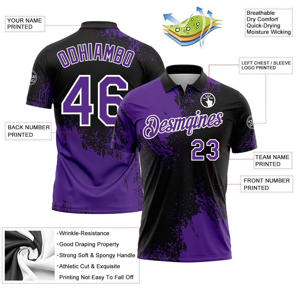 Custom Purple Black-White 3D Pattern Design Abstract Brush Stroke Performance Polo Shirt photo 3