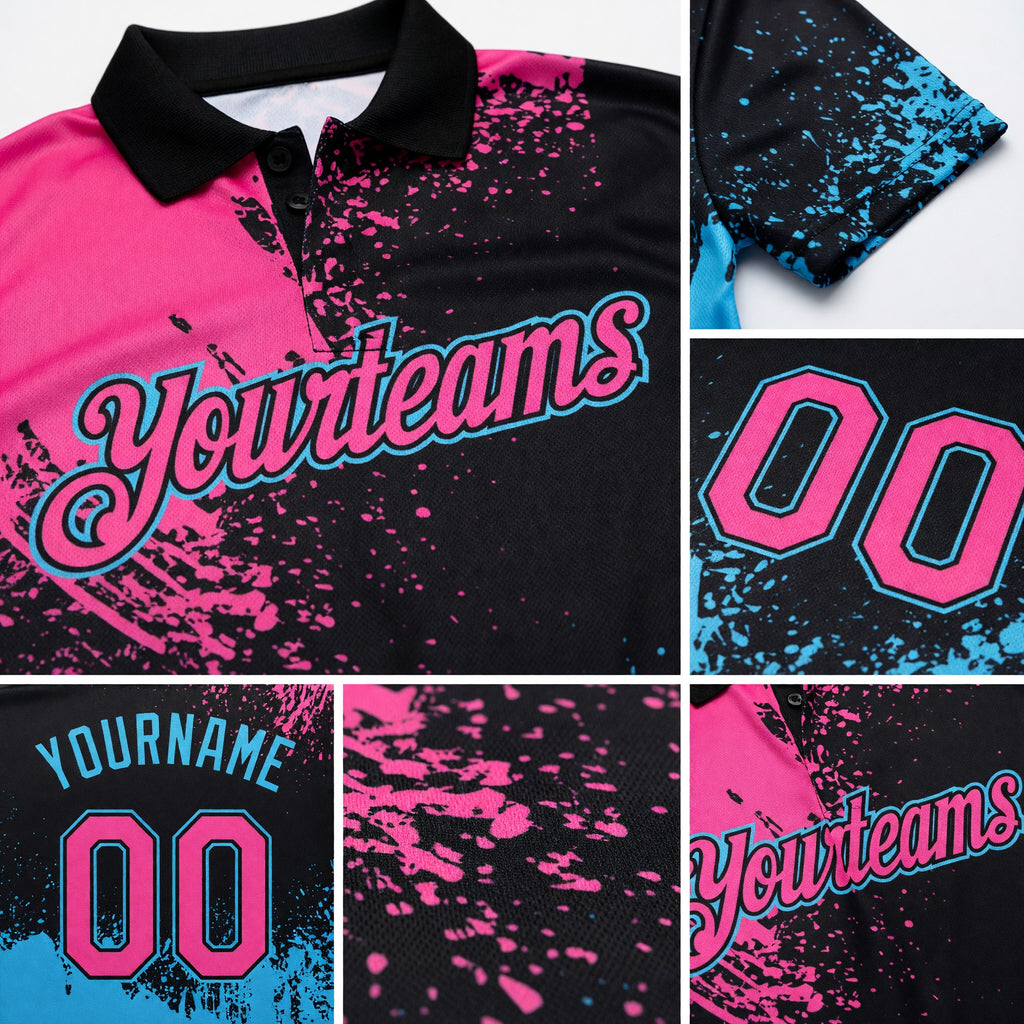 Custom Pink Black-Sky Blue 3D Pattern Design Abstract Brush Stroke Performance Polo Shirt detail