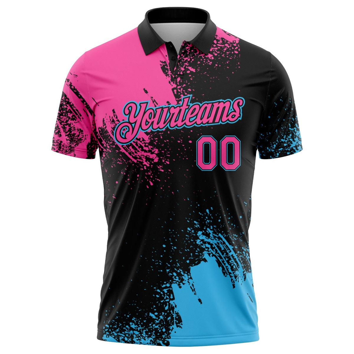 Custom Pink Black-Sky Blue 3D Pattern Design Abstract Brush Stroke Performance Polo Shirt photo 2