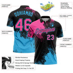 Custom Pink Black-Sky Blue 3D Pattern Design Abstract Brush Stroke Performance Polo Shirt photo 3