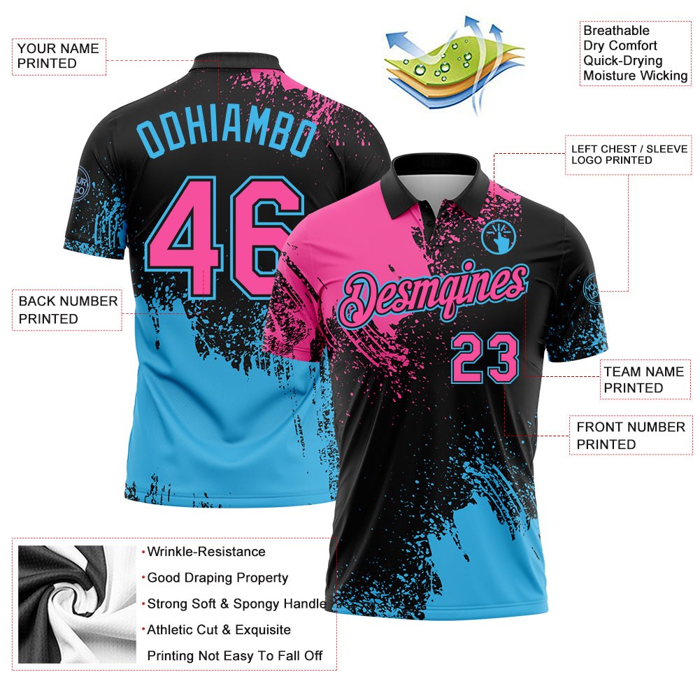 Custom Pink Black-Sky Blue 3D Pattern Design Abstract Brush Stroke Performance Polo Shirt photo 3