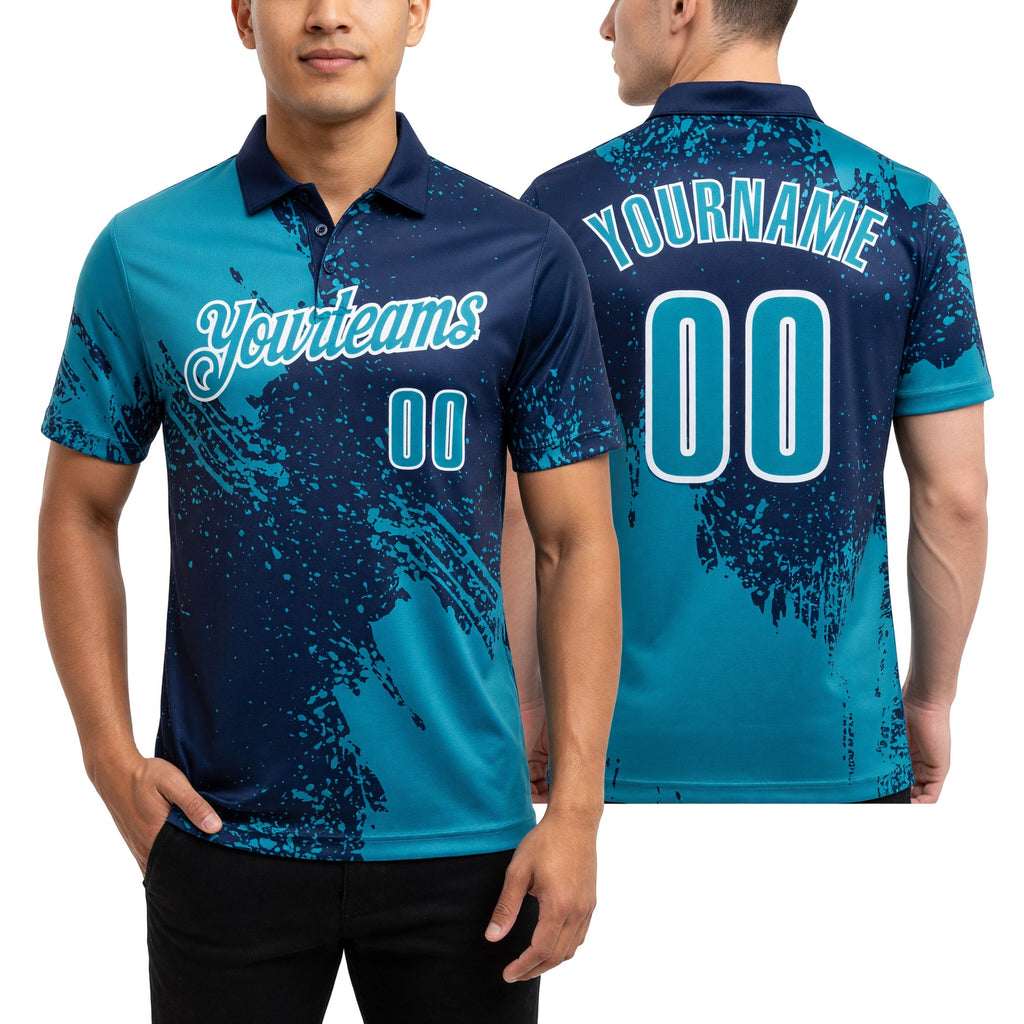 Custom Teal Navy-White 3D Pattern Design Abstract Brush Stroke Performance Polo Shirt worn front and back