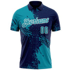 Custom Teal Navy-White 3D Pattern Design Abstract Brush Stroke Performance Polo Shirt photo 2