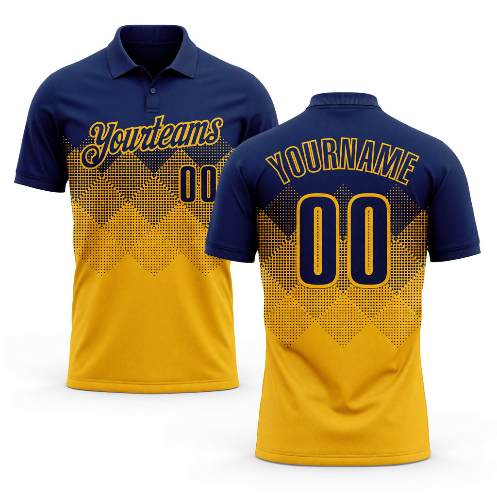 Custom Navy Gold 3D Gradient Square Shape Performance Polo Shirt