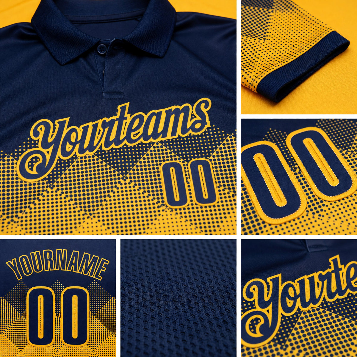 Custom Navy Gold 3D Gradient Square Shape Performance Polo Shirt detail