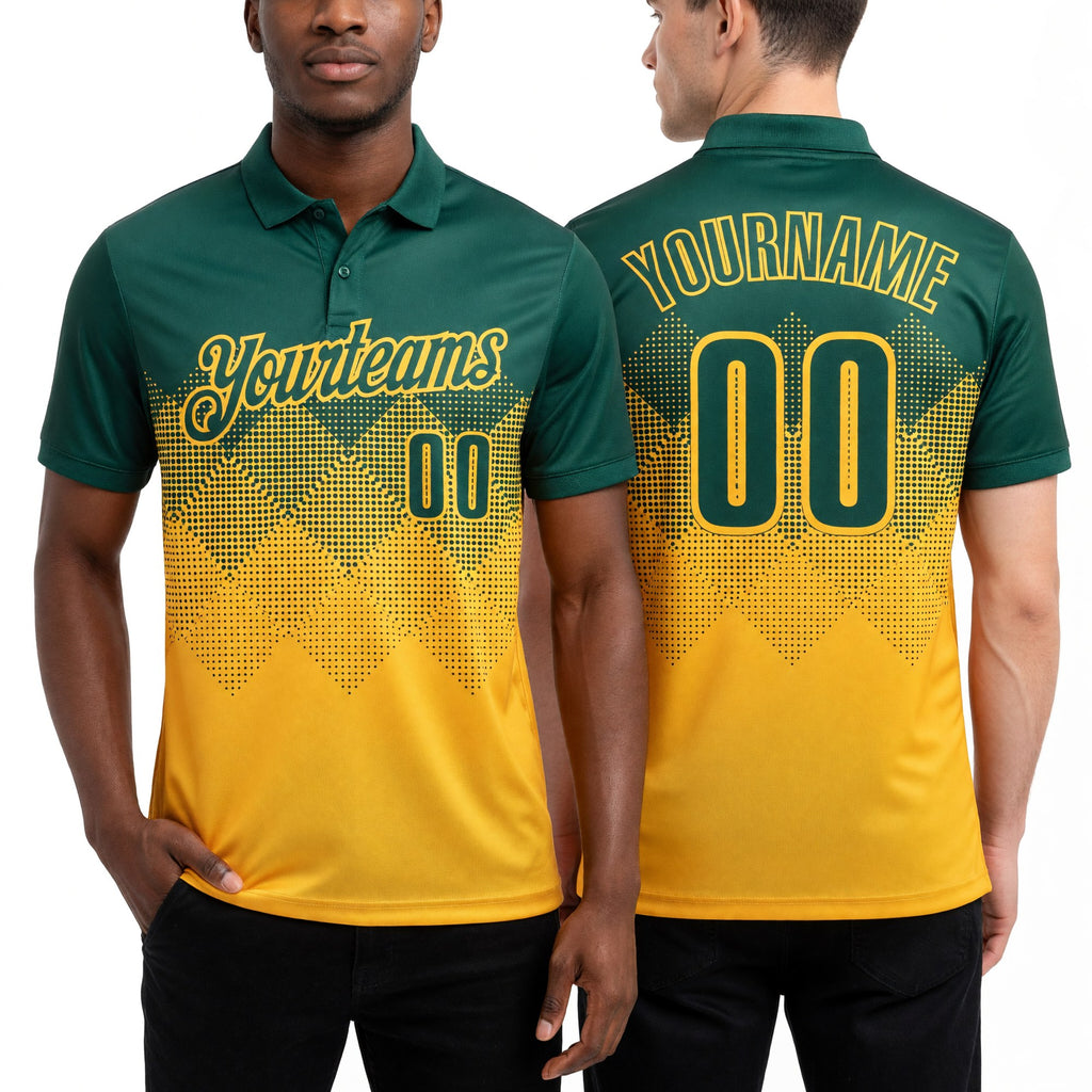 Custom Green Yellow 3D Gradient Square Shape Performance Polo Shirt worn front and back