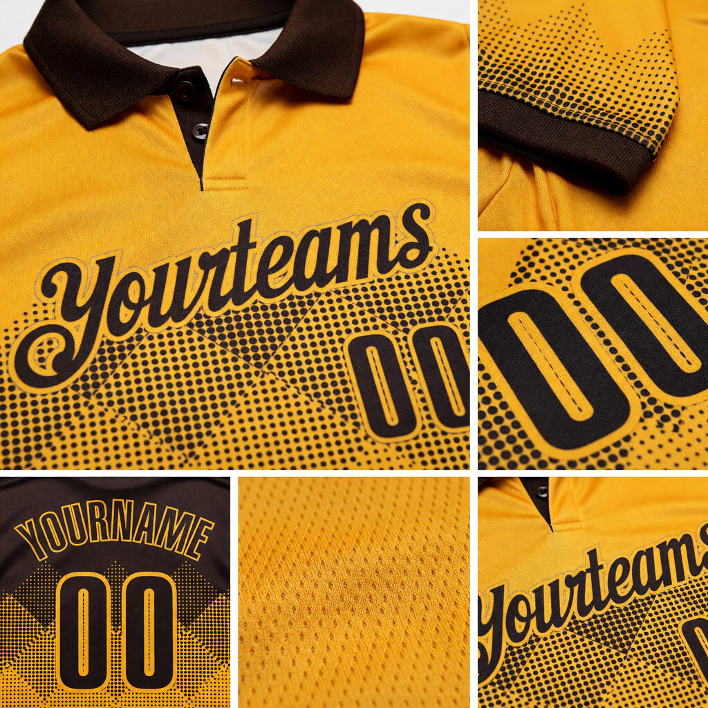 Custom Brown Gold 3D Gradient Square Shape Performance Polo Shirt detail