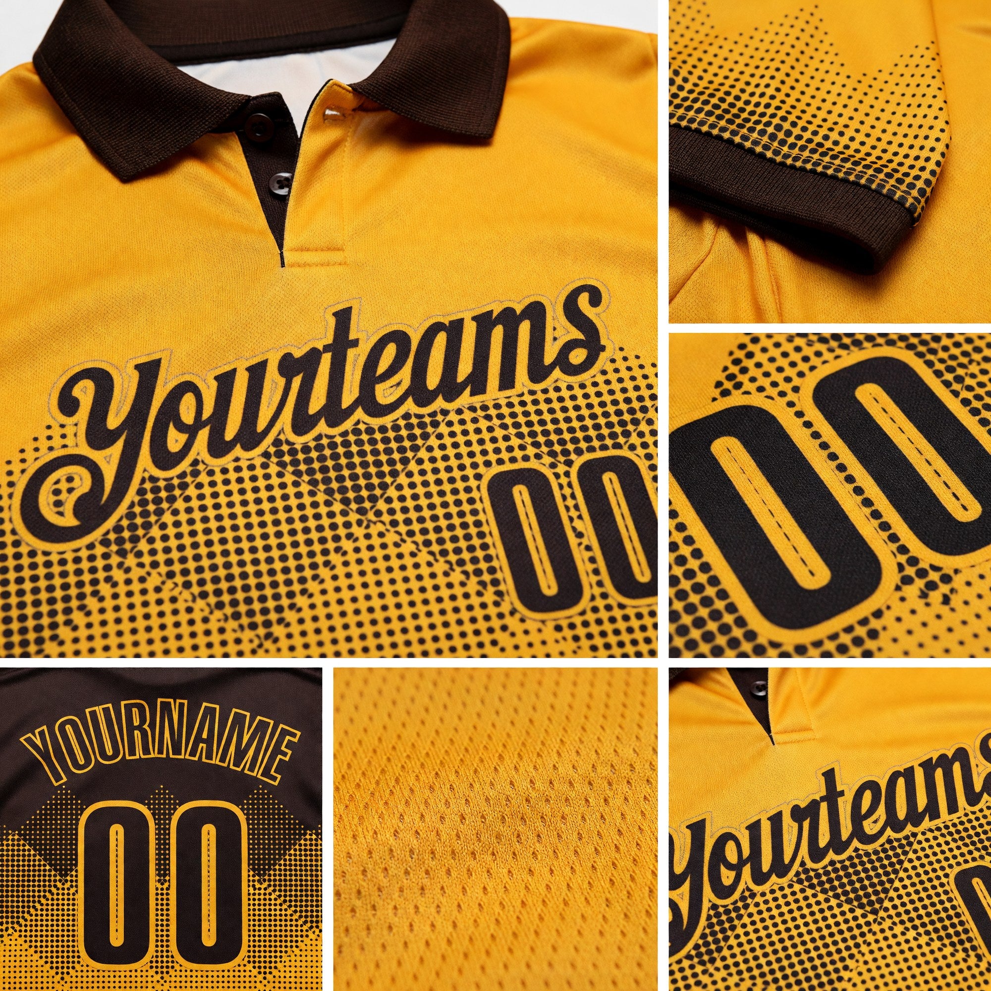 Custom Brown Gold 3D Gradient Square Shape Performance Polo Shirt detail