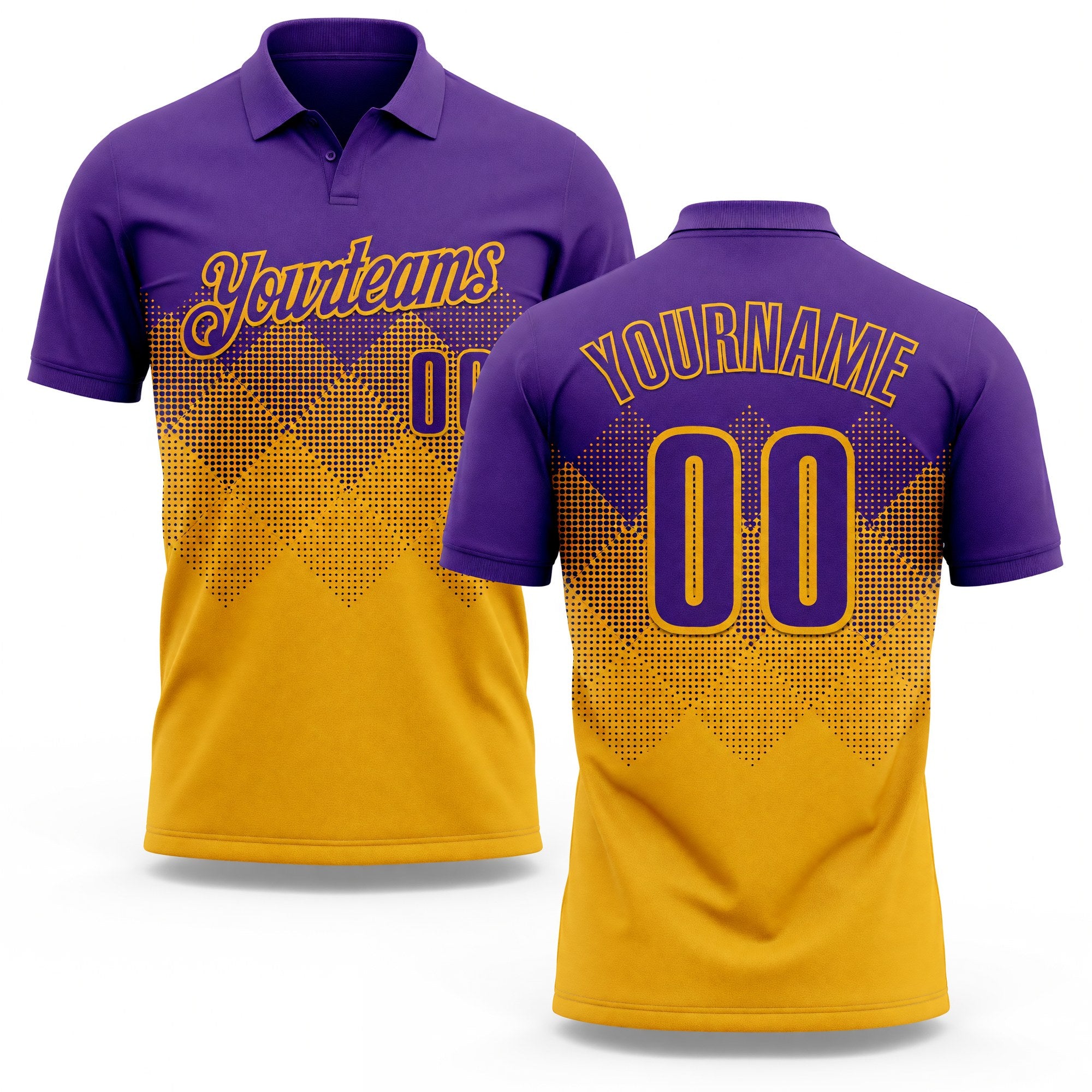 Custom Purple Gold 3D Gradient Square Shape Performance Polo Shirt