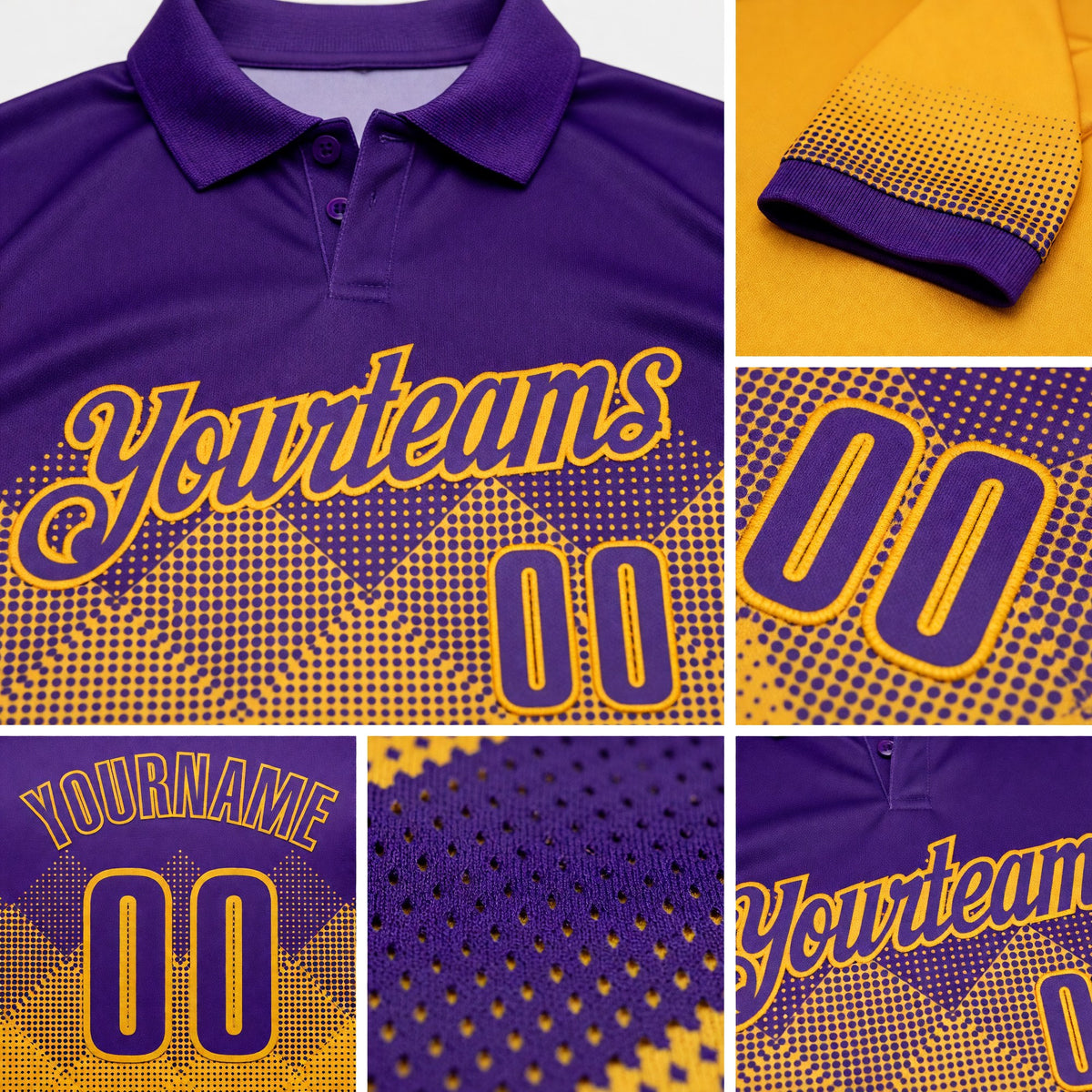Custom Purple Gold 3D Gradient Square Shape Performance Polo Shirt detail