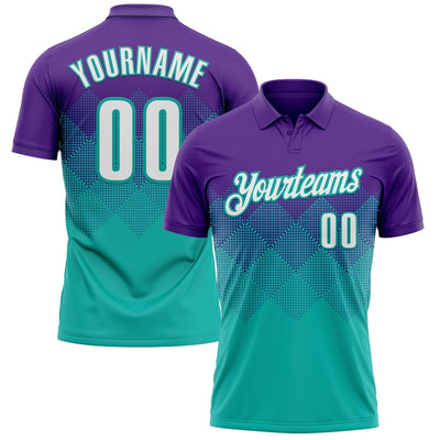 Custom Purple Gradient Square Shape Performance Polo with White and Aqua Lettering