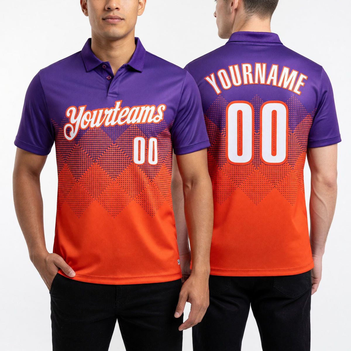 Custom Purple White-Orange 3D Gradient Square Shape Performance Polo Shirt worn front and back