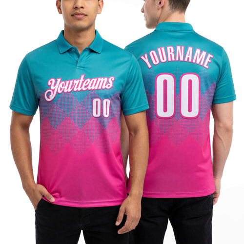 Custom Aqua White-Pink 3D Gradient Square Shape Performance Polo Shirt worn front and back