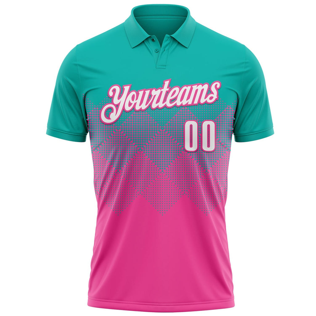 Custom Aqua White-Pink 3D Gradient Square Shape Performance Polo Shirt photo 2