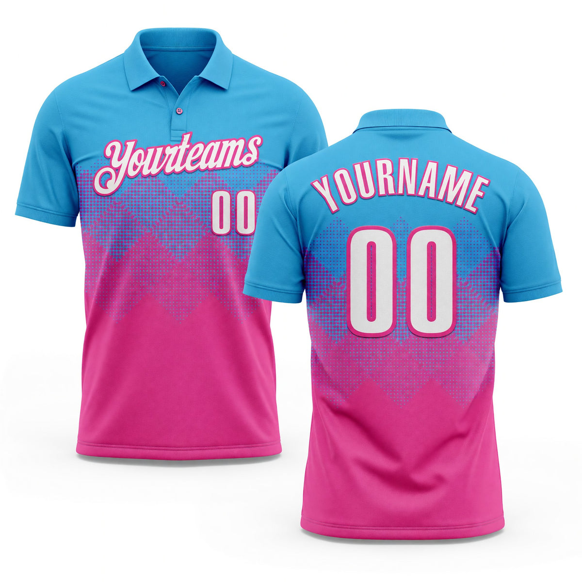 Custom Sky Blue White-Pink 3D Gradient Square Shape Performance Polo Shirt