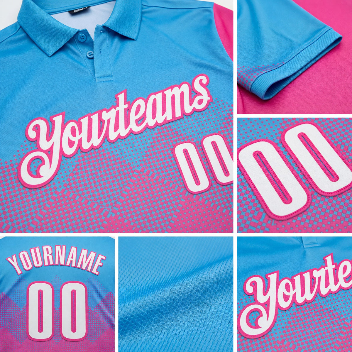 Custom Sky Blue White-Pink 3D Gradient Square Shape Performance Polo Shirt detail