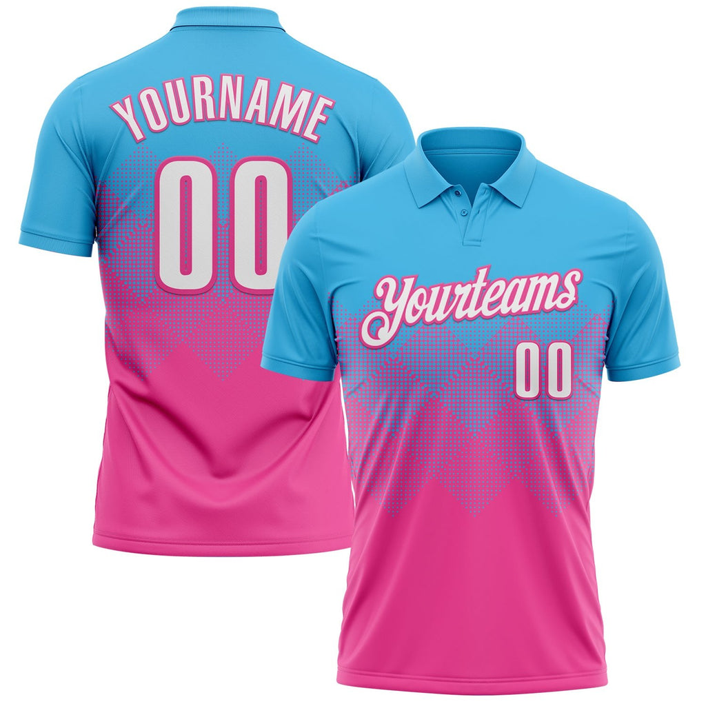 Custom Sky Blue White-Pink 3D Gradient Square Shape Performance Polo Shirt photo 1