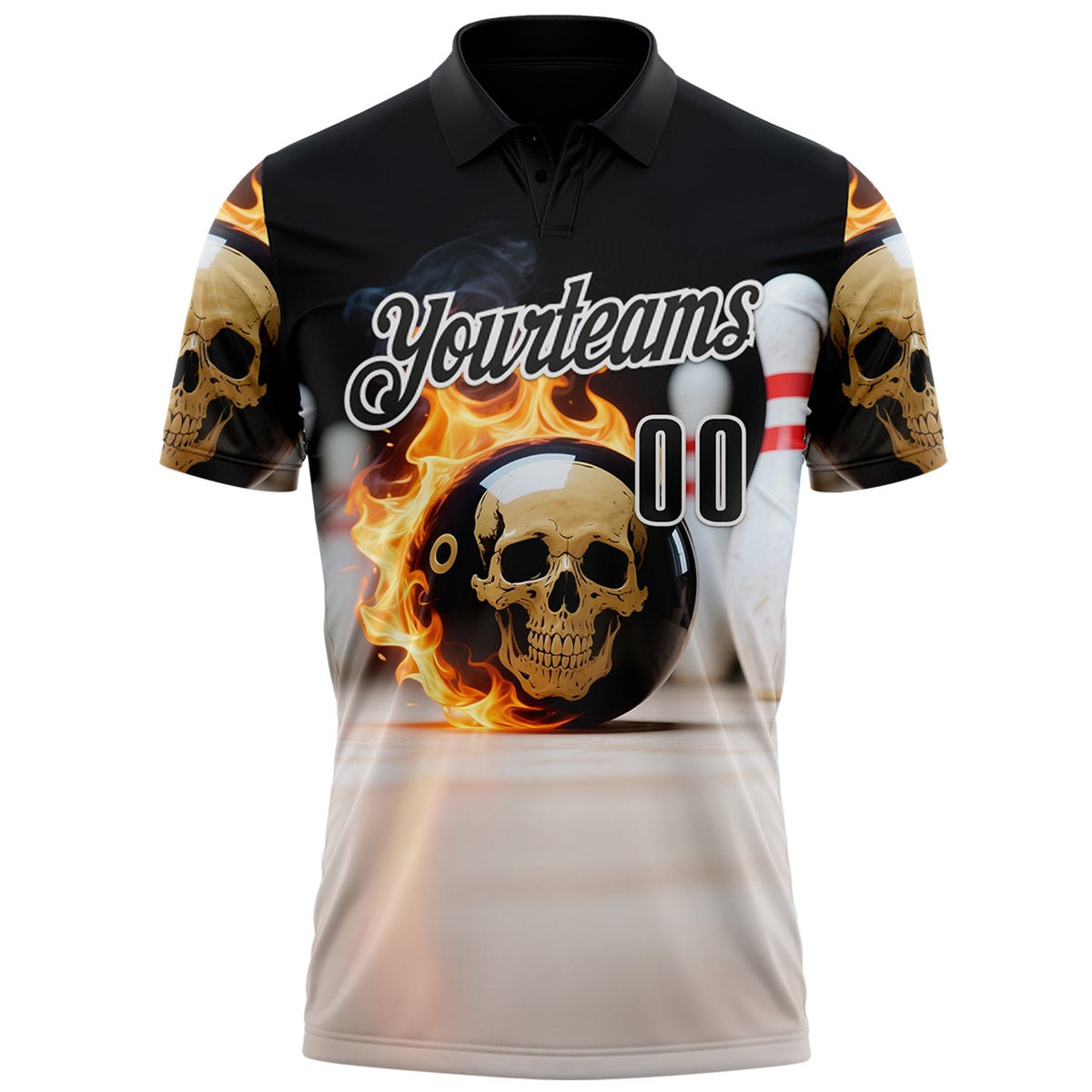 Custom Black White 3D Flame Skull Bowling Performance Polo Shirt photo 2