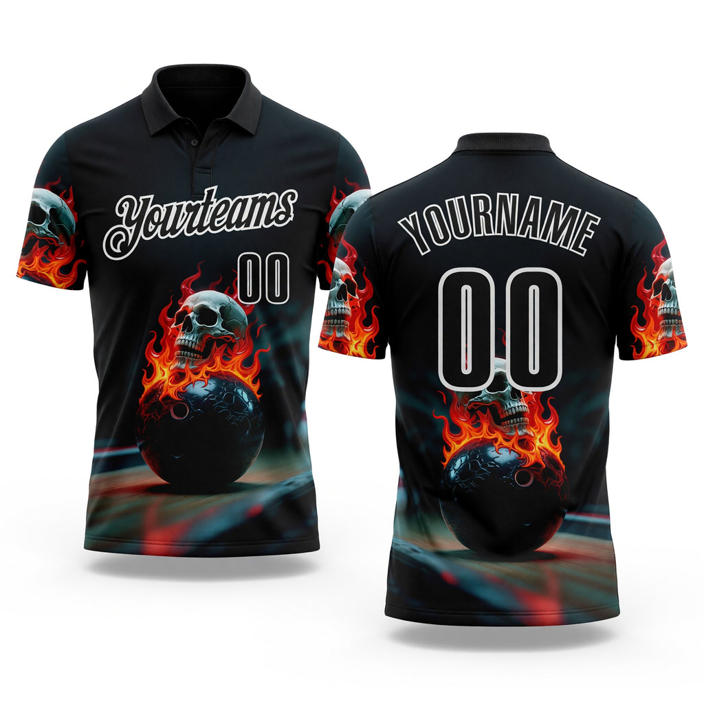 Custom Black White 3D Flame Skull Bowling Performance Polo Shirt