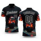 Custom Black White 3D Flame Skull Bowling Performance Polo Shirt