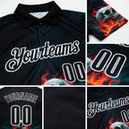 Custom Black White 3D Flame Skull Bowling Performance Polo Shirt detail